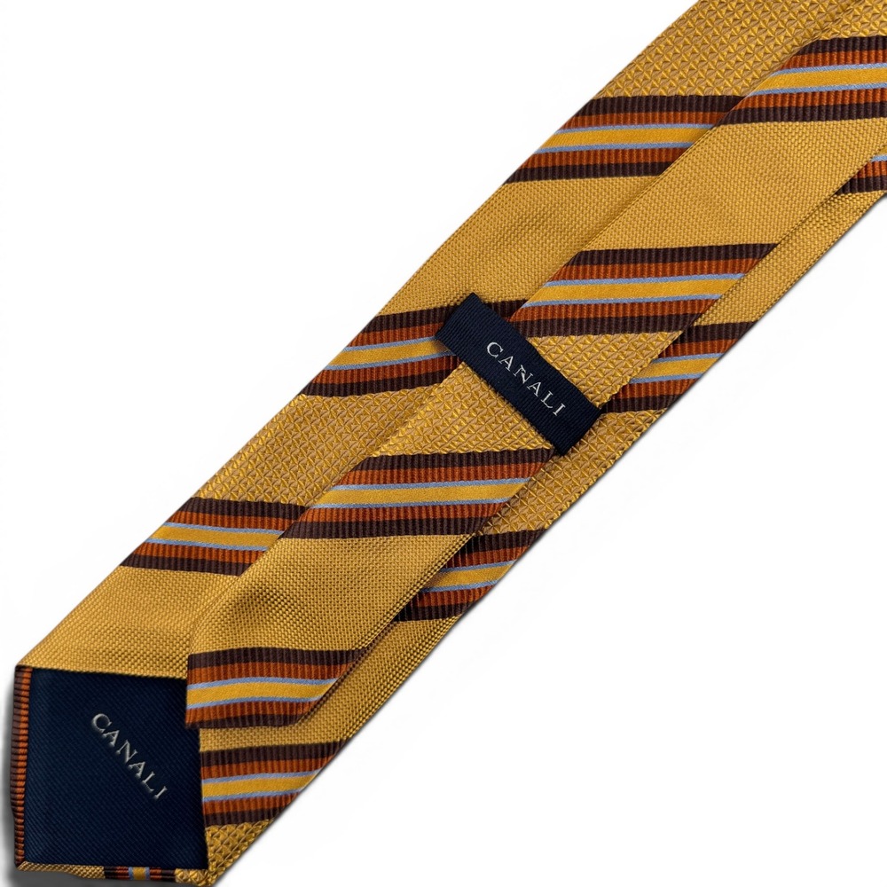 Canali Mens 100% Silk Thick Gold Striped Texture Necktie Made in Italy Luxury